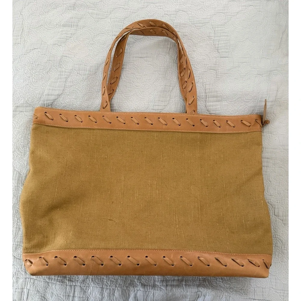 Anne Klein Tote Bag Leather Woven Green Canvas Large Summer Vintage 90s Y2K